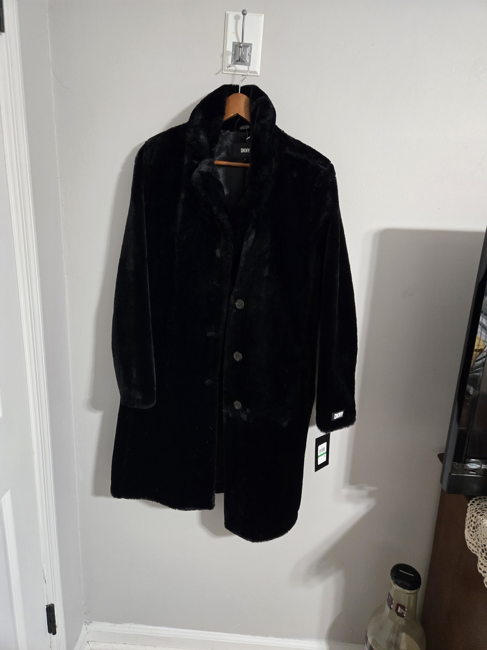 DKNY Men’s Black Faux Fur Coat